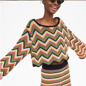 Zara knit multicolored crochet chevron cropped sweater top bell sleeves small